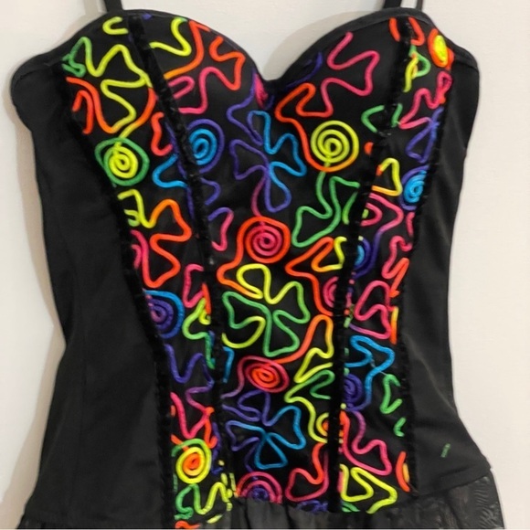 Spencers Corset Bustier Top Neon Swirls Mesh Ruffle Small - Picture 3 of 13